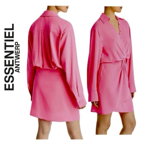ESSENTIEL ANTWERP MINI DRESS DORSEY TWIST FRONT COLLARED DRAPED SZ 6 HOT PINKC - Picture 2 of 16